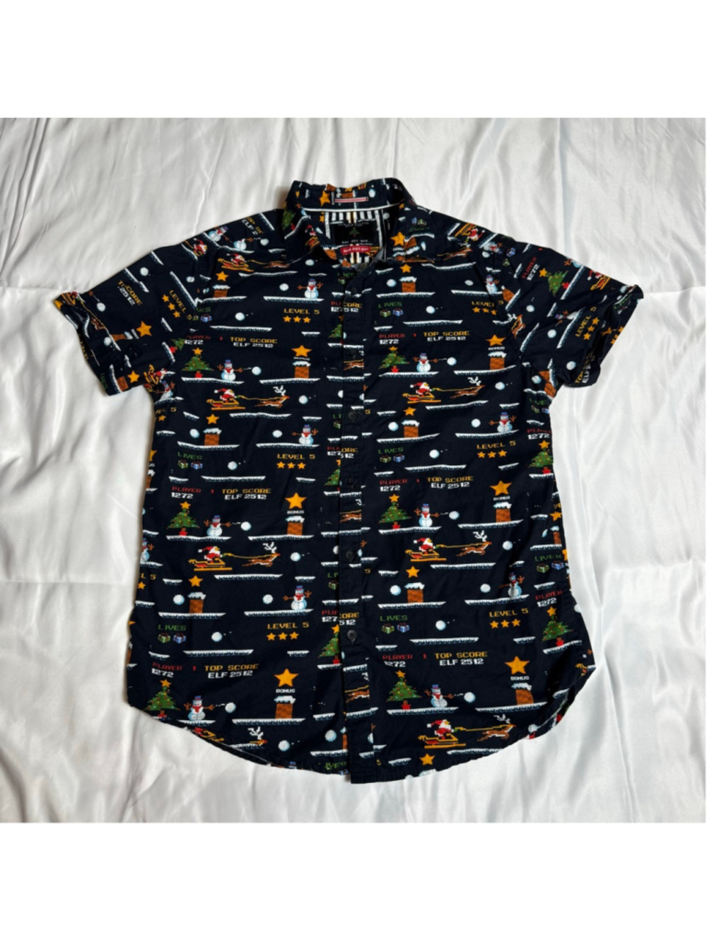Men's Denim & Flower Black Multi-color Christmas Casual Button Down Shirt S